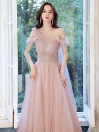 Ethnic Clothing Elegant Pink Tulle A-Line Long Evening Dress Sexy Pearls Backless Lace-up Floor-Length Formal Gowns Party Dresses