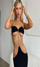 Hugcitar Pure Color Chain Halter Bandage Long Sleeve Backless Revealing Slim Maxi Dress Fall Women Fashion Elegant Y2K 2204073961319