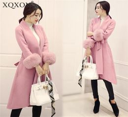 Pink Woollen Coats Women Faux Fur Warm 2020 Winter New Female Slim Long Desgin Coat Large 4XL Woman Woollen Coats With Belt2606495