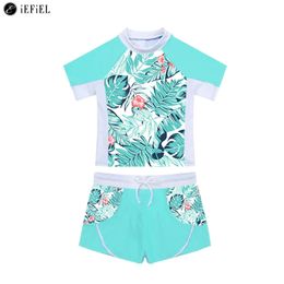 Kids Girls 2 Piece Rash Guard Set Swimwear Floral Print Short Sleeve Swim Shirt with Booty Shorts Tankini Swimsuit Bathing Suit 240518