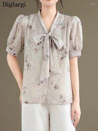 Women's Blouses Summer Chiffon Pullover Tops Women Puff Short Sleeve Fashion Sweet Flower Print Ladies Loose Pleated Woman V-Neck