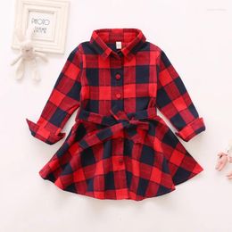 Girl Dresses Girls' Autumn And Winter Checkered Dress Children's Long Sleeve Lapel Belt Bow Spring