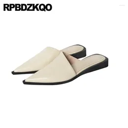 Slippers Real Leather Mules Winkle Picker Slides Cowhide Women Flats Solid Half Shoes Pointy Toe Stylish Sandals 34 Plain Modern