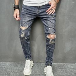 Men's Jeans Stylish Men Street Hip Hop Speckle Ink Holes Distressed Stretch Skinny Pencil Pants Male Ripped Beggar Denim Trousers