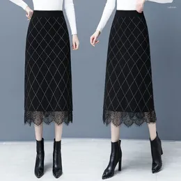 Skirts 2024 Autumn Winter Women Korean High Waist Slim Female Elegant Lace Patchwork Ladies Plaid Knitted Y518