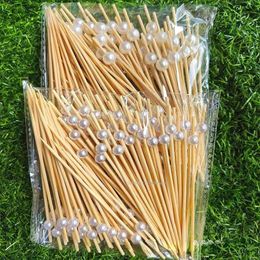 100pcs 12cm Gold Beads Bamboo Fruit Sticks Salad Snack Fork Cocktail Decor Cake Buffet Toothpicks Party Tableware Supplies 240510