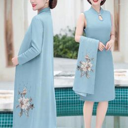 Work Dresses Flower Print Long Sleeve Coat Elegant Middle-age Women's Dress Suit Set With Open Front Cardigan Spring For Ladies