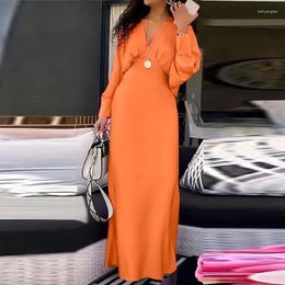 Casual Dresses Spring Sexy V-Neck Lantern Sleeve High Waist Dress Ladies Autumn Skinny Long Women Solid Satin Party