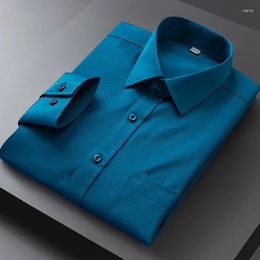 Men's Dress Shirts Solid Shirt Elastic Long Sleeve Regular Fit Mens Formal Office With Front Pocket Non-iron Comfortable