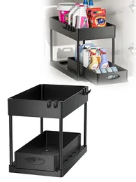 Kitchen Storage 2 Tier Under Sink Organiser Sliding Cabinet Basket Rack With Hooks Hanging Cup Bathroom