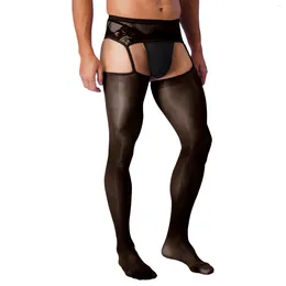 Men's Socks Erotic Sexy Pantyhose Open Crotch Flower Lace Stockings Male Underwear Mans Transparent Nightwear Sex Tights Garter