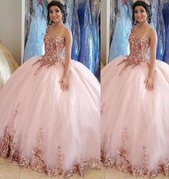 2021 Sexy Rose Gold Pink Sequined Elegent Quinceanera Dresses Ball Gown Sweetheart Sleeveless Plus Size Sequines Lace Formal Party6491874