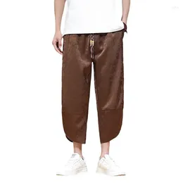 Men's Pants Chinese Style Dark Flower Ice Silk Capris For Summer Thin Loose Casual Oversized Beach Radish