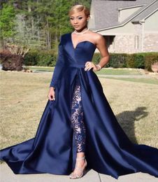 Dark Navy Two Pieces Evening Dresses One Shoulder Long Sleeve Side Split Sequined Prom Gowns Pants Jumpsuits A Line Plus Size Form6793032