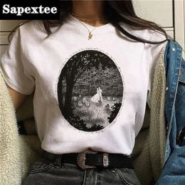 Fashion Retro Autumn Ladies T-Shirt Cartoon Halloween Print T-Shirt Short Sleeve Harajuku Cartoon Pattern White Crewneck Top Str 240513