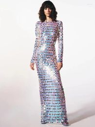 Casual Dresses Women Summer Sexy Long Sleeve Peacock Mesh Sequins Sparkly Glitter Maxi Bodycon Dress 2024 Elegant Evening Party Club