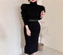 Casual Dresses Winter Turtleneck Knitted Dress Women Puff Full Sleeve Black Sweater Vintage Autumn Split Vestidos With Belt7936916