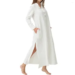 Casual Dresses Womens Cotton Linen Long Vintage Button V-Neck Loose Solid Color Side Split Kaftan Shirt Maxi Dress Female Clothing