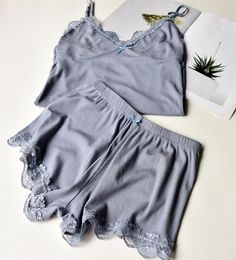 Two Piece Cotton Pajamas Set for Women Sexy Lace Top And Shorts Pajama Sets Spaghetti Strap Sleepwear High Elastic Woman Clothes 21061089