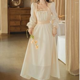 Casual Dresses 2024 Spring Summer Women's Dress French Vintage Fashion Lace Panel Long Sleeve Loose Square Neck