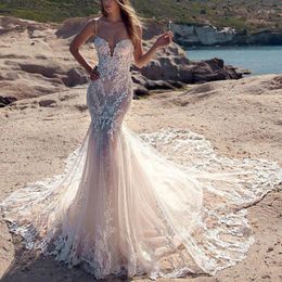 Party Dresses 2024 Sexy White Mermaid Wedding Dress Spaghetti Strap Deep V-Neck Lace Appliques Tulle Long Gown Vestido De Novia Encaje