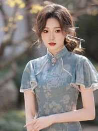 Ethnic Clothing 2024 Improved Qipao Women' Chinese Youth Daily Waist Length Style Dress Summer Floral Blue Cheongsam