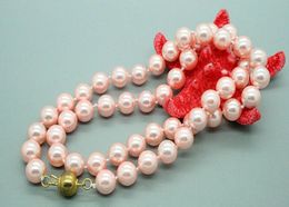 Wholes hand knotted 8mm pink shell pearl necklace 63cm fashion jewellery 2lot5883084