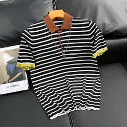 Men's Polos 2024 Summer Fashion Short Sleeve Knitted Polo Shirt Male Lapel Collar Slim Fit Tops Men Thin Breathable Striped D606