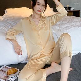 Home Clothing Female Simple Sleepwear Solid Satin Pajamas Summer Long Sleeved Homewear Casual Lingerie Nightwear Sexy Loose Shirts