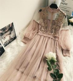 Arrivals Women Lace Flower Dress Gauze Lantern Sleeve Voile Long Dress Female Retro Hook Princess Dress 2 Piece Set LJ2012036209943