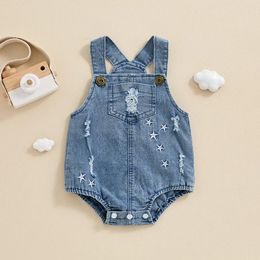 Rompers Baby Girls Denim Romper Overalls Bodysuit Ripped Star Embroidery Buttons Straps Infant Jumpsuit Summer Clothes