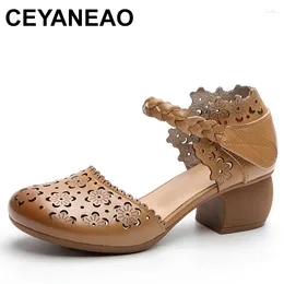 Dress Shoes Top Cowhide Hollow Round Toe Side Open Women Sandal Summer Leather Sandals Elegant Trend Mid Heel