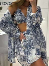 Women's Tracksuits Cozok Fashion Blue Print 3 Piece Set Women Summer Elegant Long Sleeve Shirt Sling Bra And Wide Leg Shorts Retro