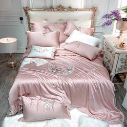 Bedding Sets 600TC Eucalyptus Lyocell White Pink Elegant Romantic Set Soft Silky Flowers Embroidery Duvet Cover Bed Sheet Pillowcases