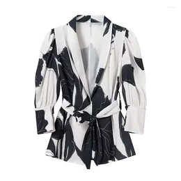 Women's Blouses YENKYE Women Shawl Collar Print Kimono Shirt Vintage Long Sleeve With Belt Female Spring Summer Streetwear Blouse Lady