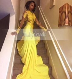 Pretty Yellow Lace Appliqued South African Prom Dress Mermaid Long Sleeve Banquet Evening Party Gown Custom Made Plus Size2184698