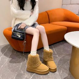 Boots Mid Length For Women's Winter 2024 Western-style Thick Soles With Plush Insulation Fashion Cotton