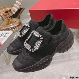 Casual Shoes Thick Bottom Women's Sneakers Autumn Winter Rhinestone Square Button Design Comfortable Breathable Slip-On Flats