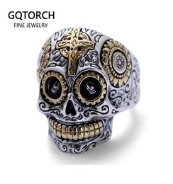Real Solid 925 Sterling Silver Sugar Skull Rings For Men Mexican Rings Retro Gold Colour Cross Sun Flower Engraved Punk Jewellery J012112804