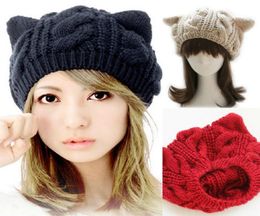 Women Cat Ear Knitted Hats Elegant Ladies Rabbit Beanie Cap Outdoor Fashion Female Winter Warm Travel Ski Hat TTA14971669142