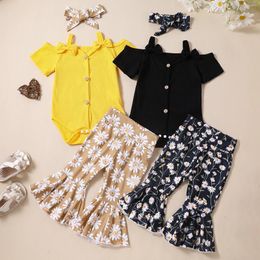 Clothing Sets Pudcoco Infant Baby Girl Summer Outfits Solid Ribbed Knit Off Shoulder Rompers Flower Flare Pants Headband 3Pcs Clothes Set