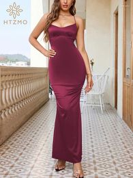 Casual Dresses HTZMO Summer Satin Wine Camisole Dress Women Sexy Spaghetti Strap Backless Maxi Party Club Ball Slim Fit Vestidos Mujer