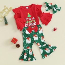 Clothing Sets Infant Baby Girl Christmas Clothes Letter Print Ribbed Romper Santa Claus Flared Pant Headband