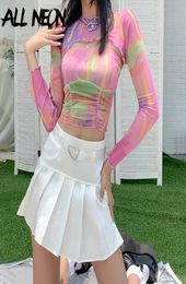 ALLNeon Y2K Fashion Summer Tie Dye Transparent Crop Tops Mesh E-girl Sweet Ruched Lace up Long Sleeve Ruffles T-shirts 90S Early 2306141395