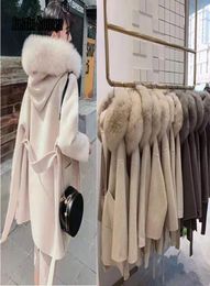 Korean Version Long Cashmere Coat With Real Fox Fur Trim Hoodie Warm Thicken Large Pockets Coat female Women Outwear Winter Coat C1570102