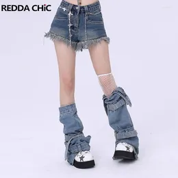 Women Socks REDDACHiC Vintage Y2k Denim For Light Wash Blue Asymmetric Belt Boots Cover Pockets Japanese Knee-long