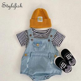 Clothing Sets Summer Baby 0-3 Year Old Cotton Denim Shoulder Strap Jumpsuit Striped T-shirt Two Piece Set For Boys And Girls