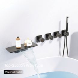 Black brass bathroom faucet Wall mounted split three handle cold and hot dual control waterfall type bathtub faucet