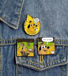 Cartoon Badges Funny Hound Enamel Pin Letter THIS IS FINE Cute Yellow Dog Brooches Bag Clothes Lapel Pin Jewellery Gift Trinkets13136330