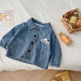 Jackets Kids Cartoon Dogs Embroidery Denim Coat Autumn 2024 Boys Fashion Brief Lapel Collar Jacket Children Tops